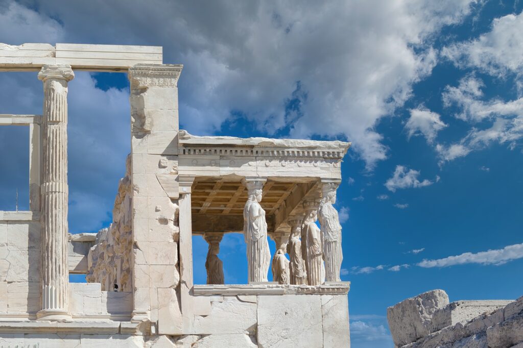 Ancient Erechtheion or Erechtheum temple with Caryatid Porch on the Acropolis, Athens, Greece